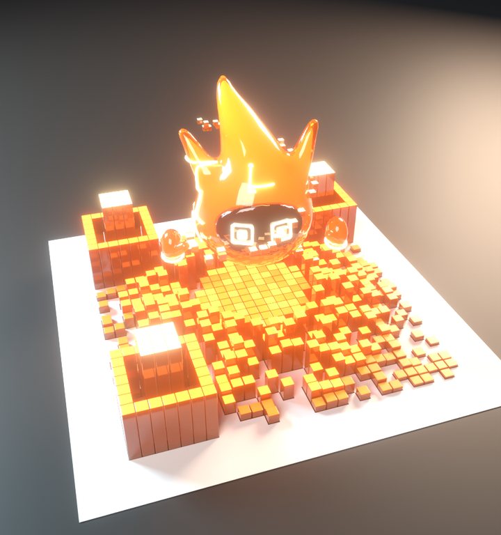 A flame Codekin standing on a QR code whose squares have risen into glowing orange columns