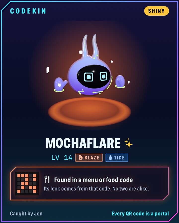 A share card of a shiny Mochaflare, level 14, found in a menu or food code